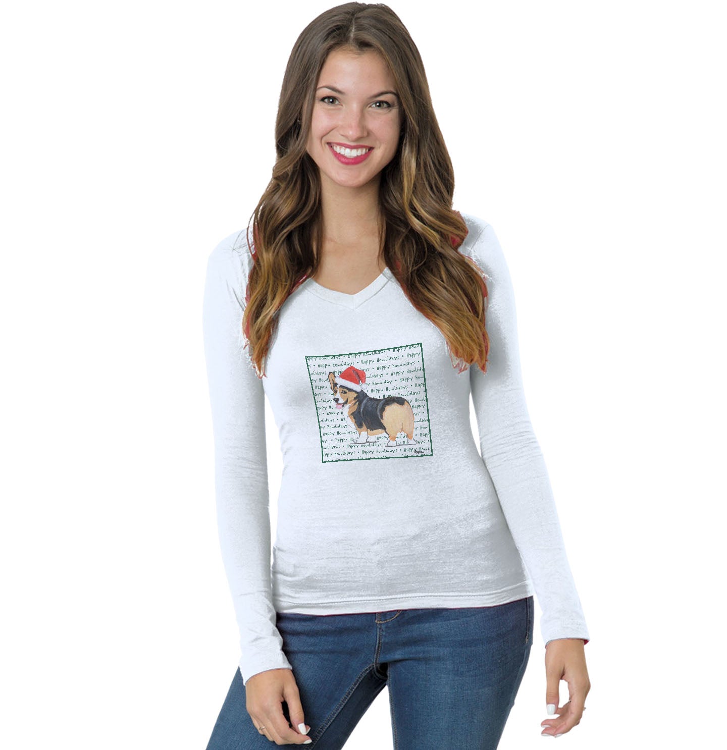 Pembroke Welsh Corgi (Tri-Color) Happy Howlidays Text - Women's V-Neck Long Sleeve T-Shirt