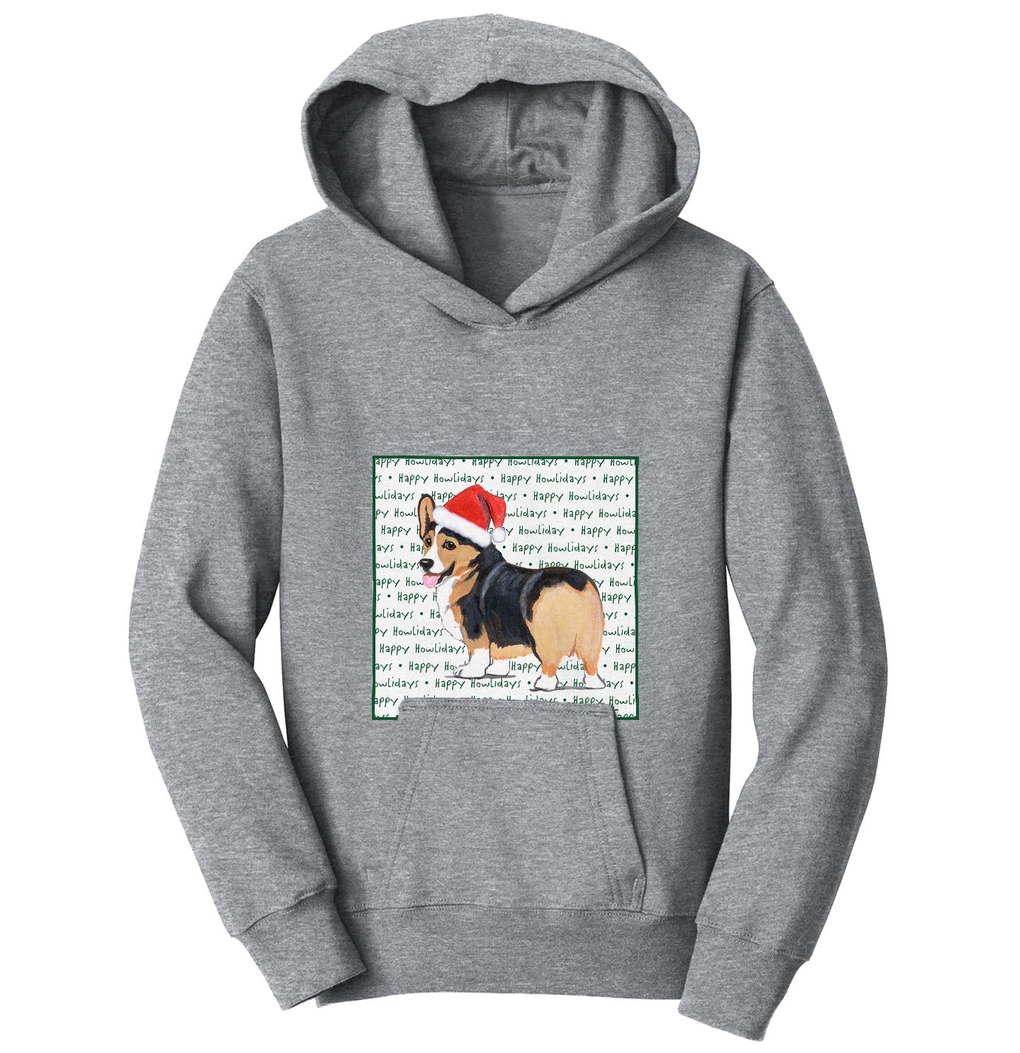 Pembroke Welsh Corgi (Tri-Color) Happy Howlidays Text - Kids' Unisex Hoodie Sweatshirt