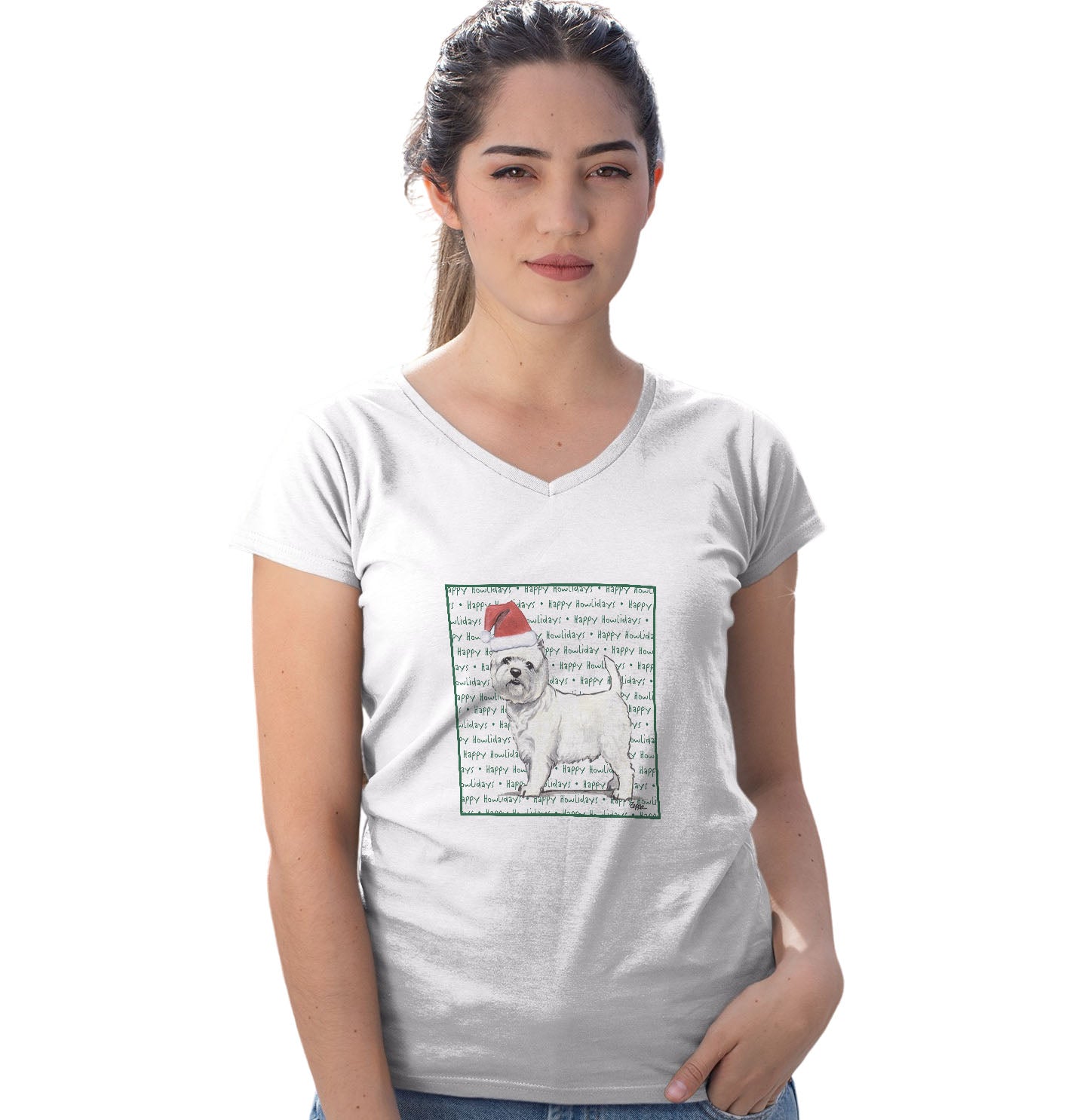 West Highland White Terrier Happy Howlidays Text - Women's V-Neck T-Shirt
