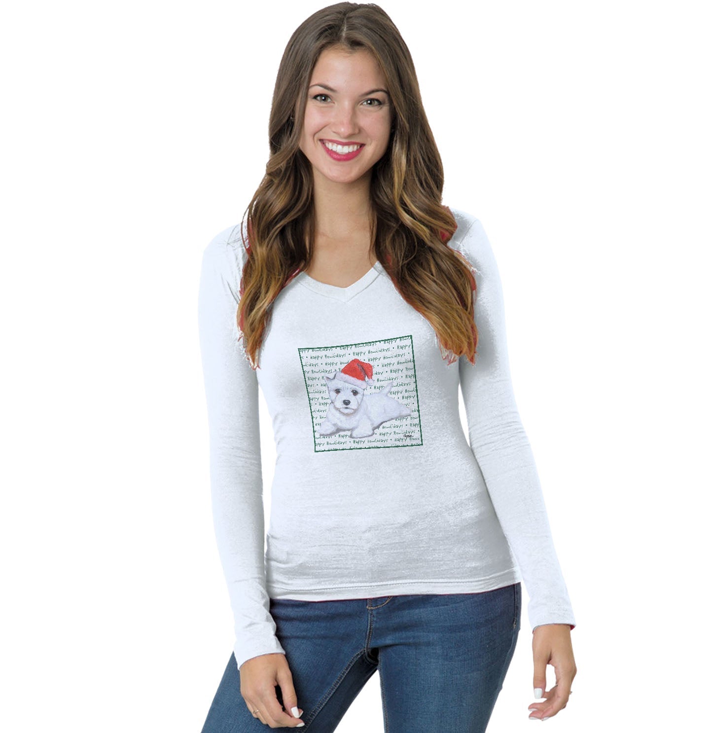 West Highland White Terrier Puppy Happy Howlidays Text - Women's V-Neck Long Sleeve T-Shirt