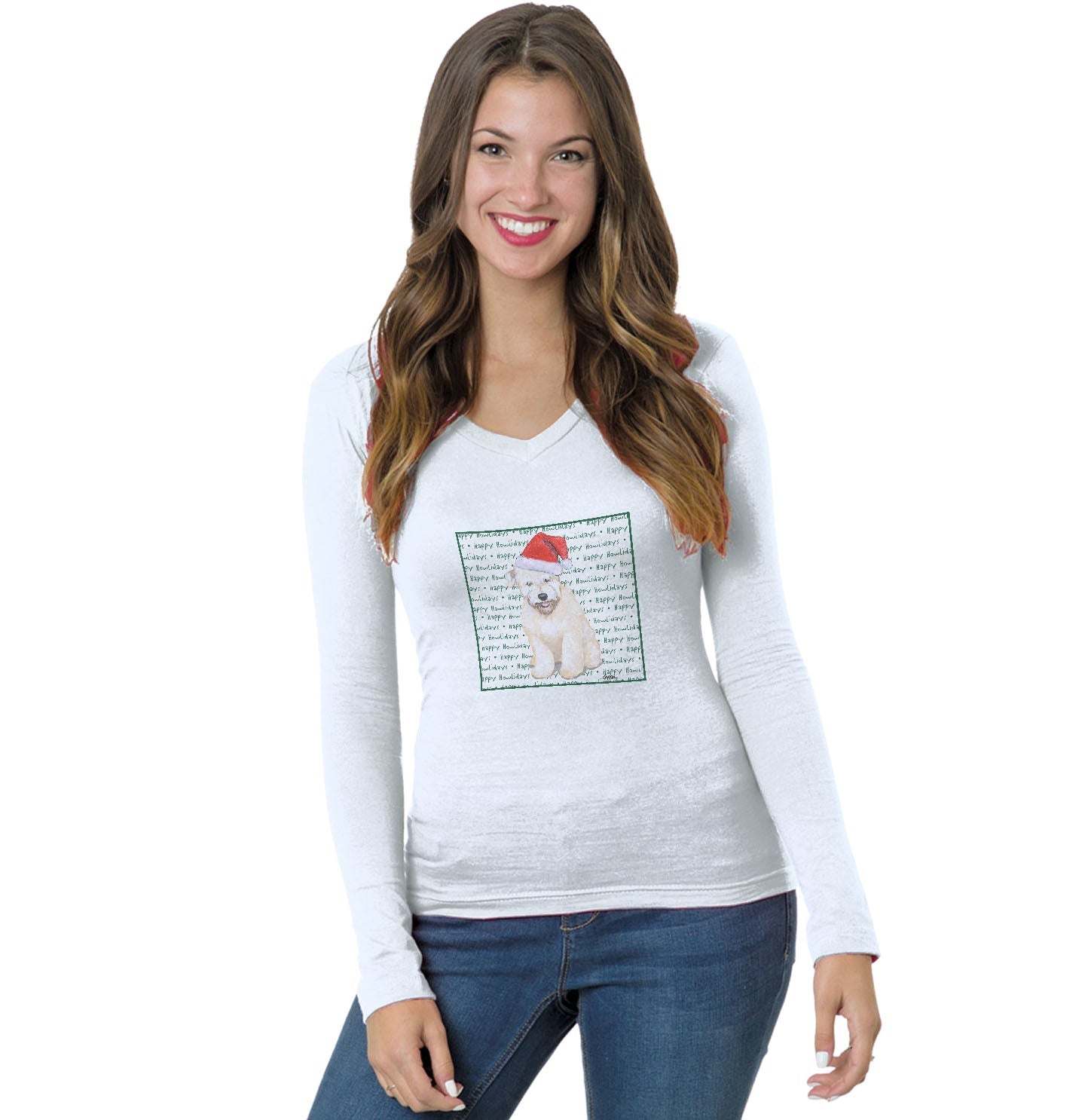 Soft Coated Wheaten Terrier Puppy Happy Howlidays Text - Women's V-Neck Long Sleeve T-Shirt