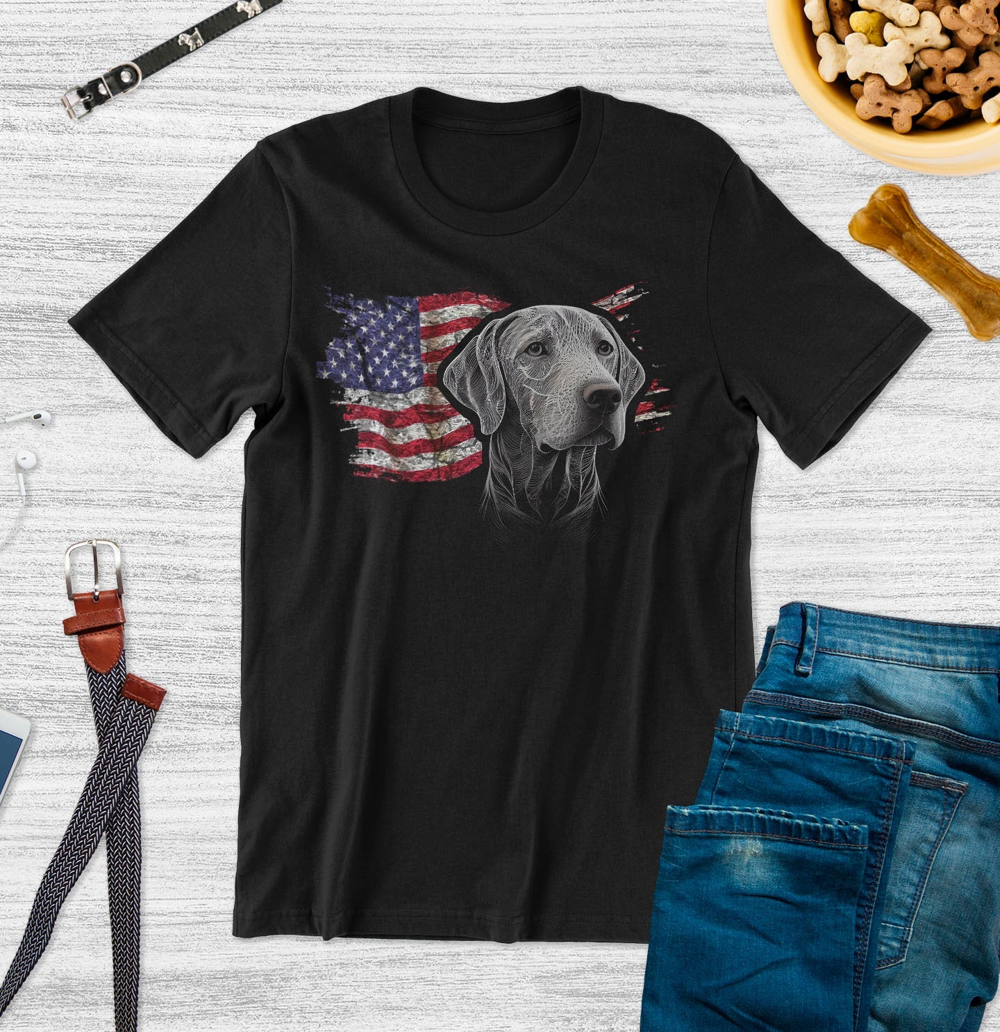 Patriotic Weimaraner American Flag - Adult Unisex T-Shirt