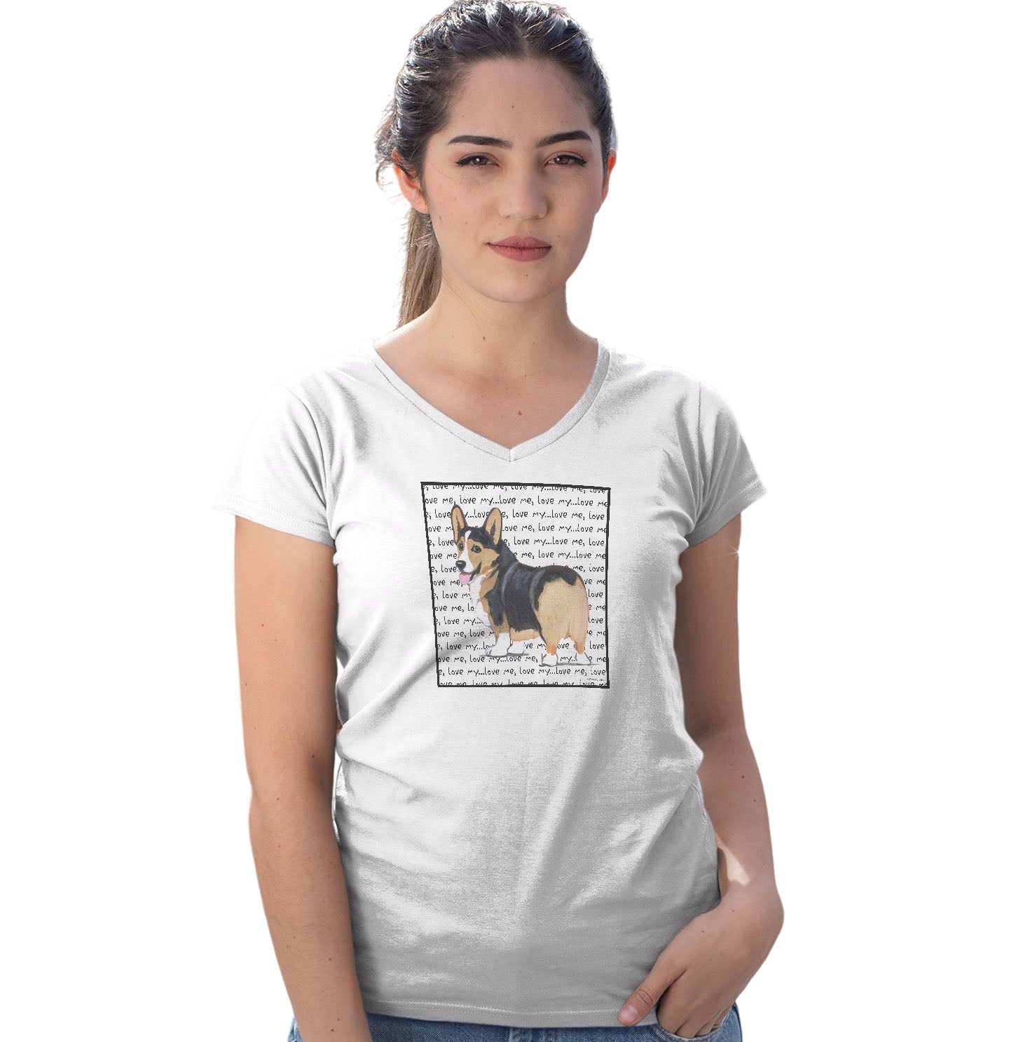 Tri Color Corgi Puppy Love Text - Women's V-Neck T-Shirt