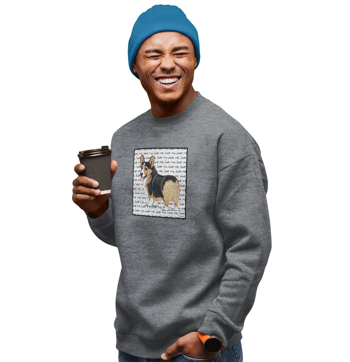 Tri Color Corgi Puppy Love Text - Adult Unisex Crewneck Sweatshirt