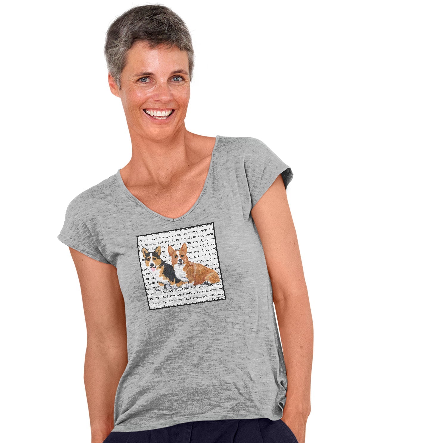Two Corgi Love Text - Women's V-Neck T-Shirt