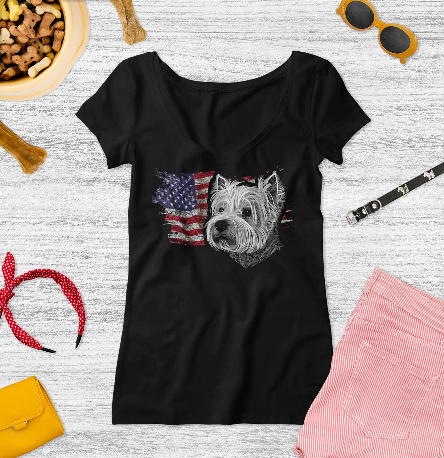 Patriotic West Highland White Terrier American Flag - Women's V-Neck T-Shirt