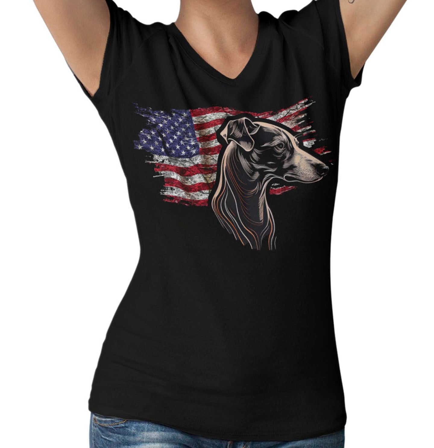 Patriotic Whippet American Flag - Women's V-Neck T-Shirt
