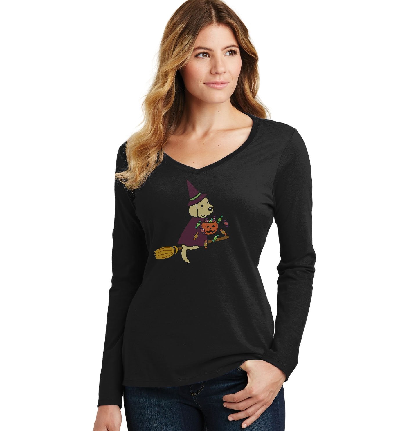 Yellow Lab Witch - Women's V-Neck Long Sleeve T-Shirt
