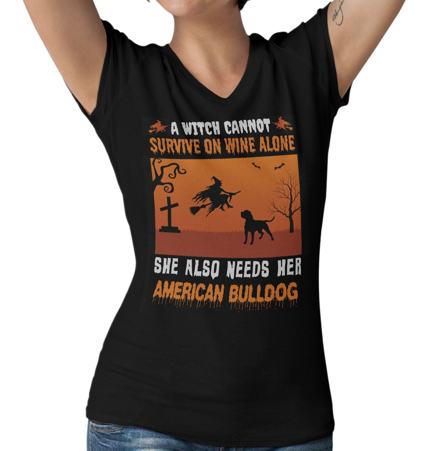A Witch Needs Her American Bulldog - Women's V-Neck T-Shirt