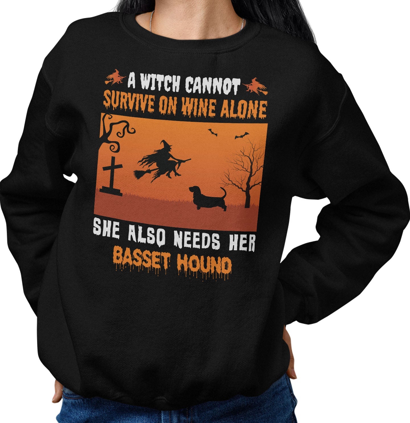 A Witch Needs Her Basset Hound - Adult Unisex Crewneck Sweatshirt