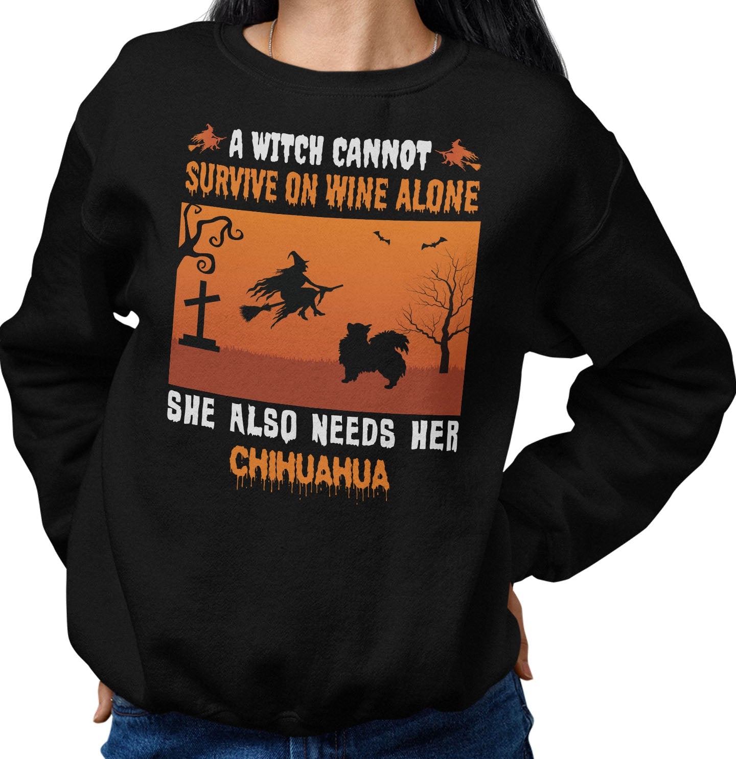 A Witch Needs Her Chihuahua (Longhaired) - Adult Unisex Crewneck Sweatshirt