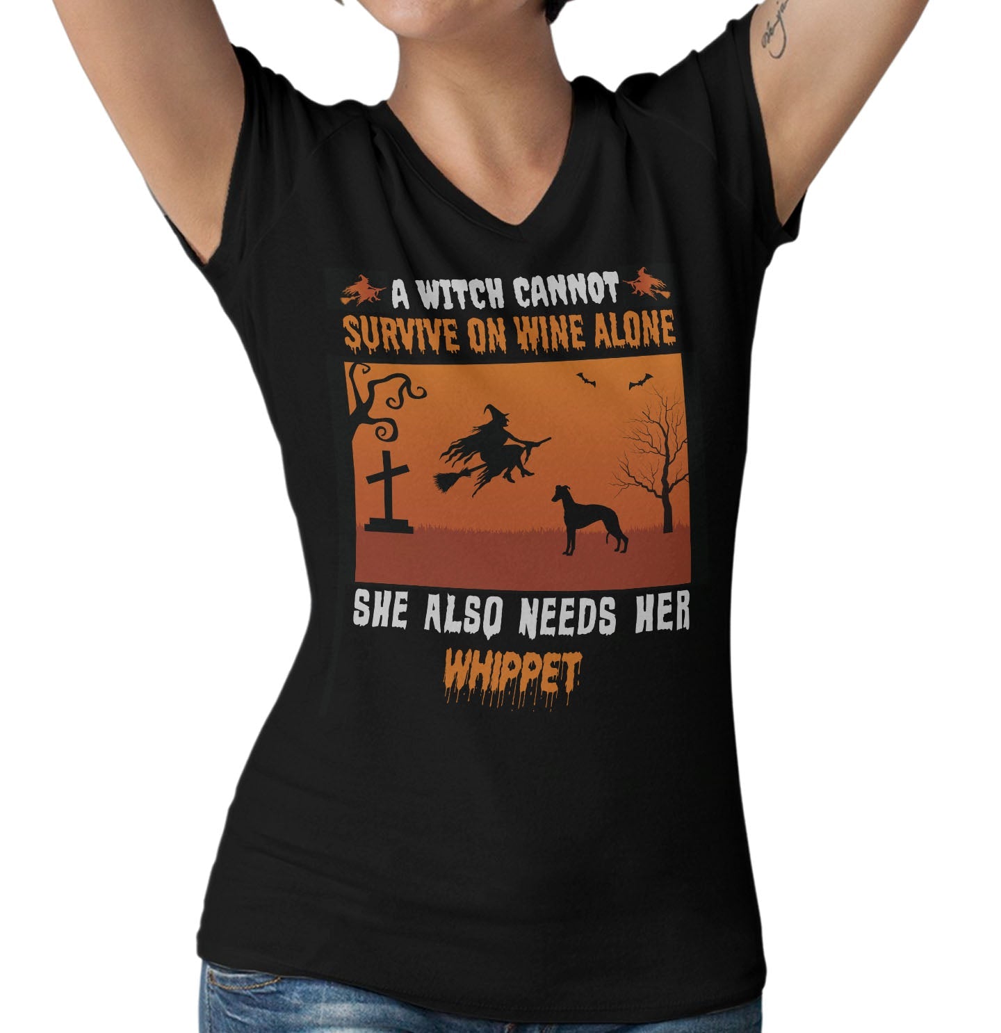 A Witch Needs Her Whippet - Women's V-Neck T-Shirt