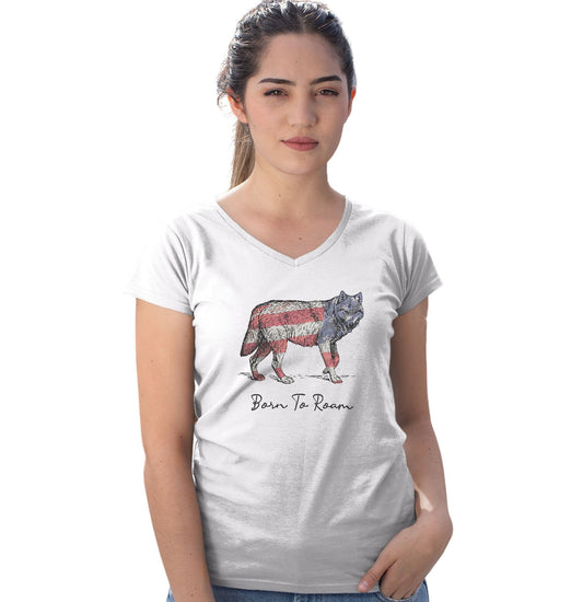 Wolf American Flag Overlay - Women's V-Neck T-Shirt