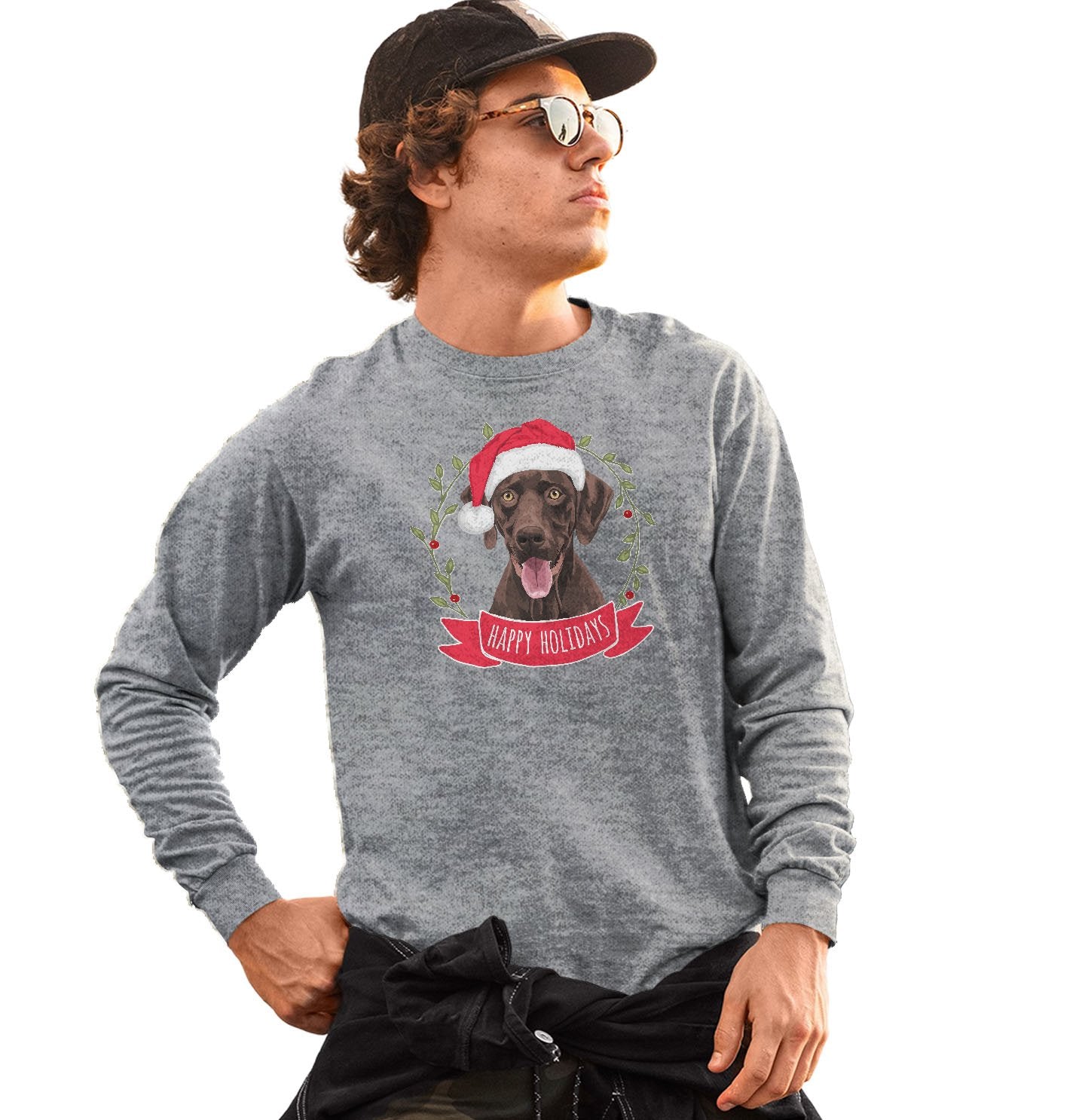 Happy Holidays Chocolate Lab - Adult Unisex Long Sleeve T-Shirt