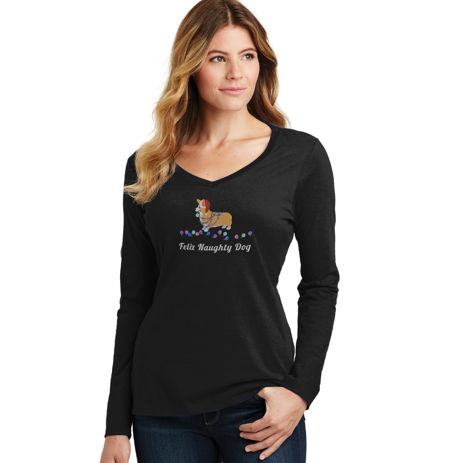 Feliz Naughty Dog Corgi - Women's V-Neck Long Sleeve T-Shirt