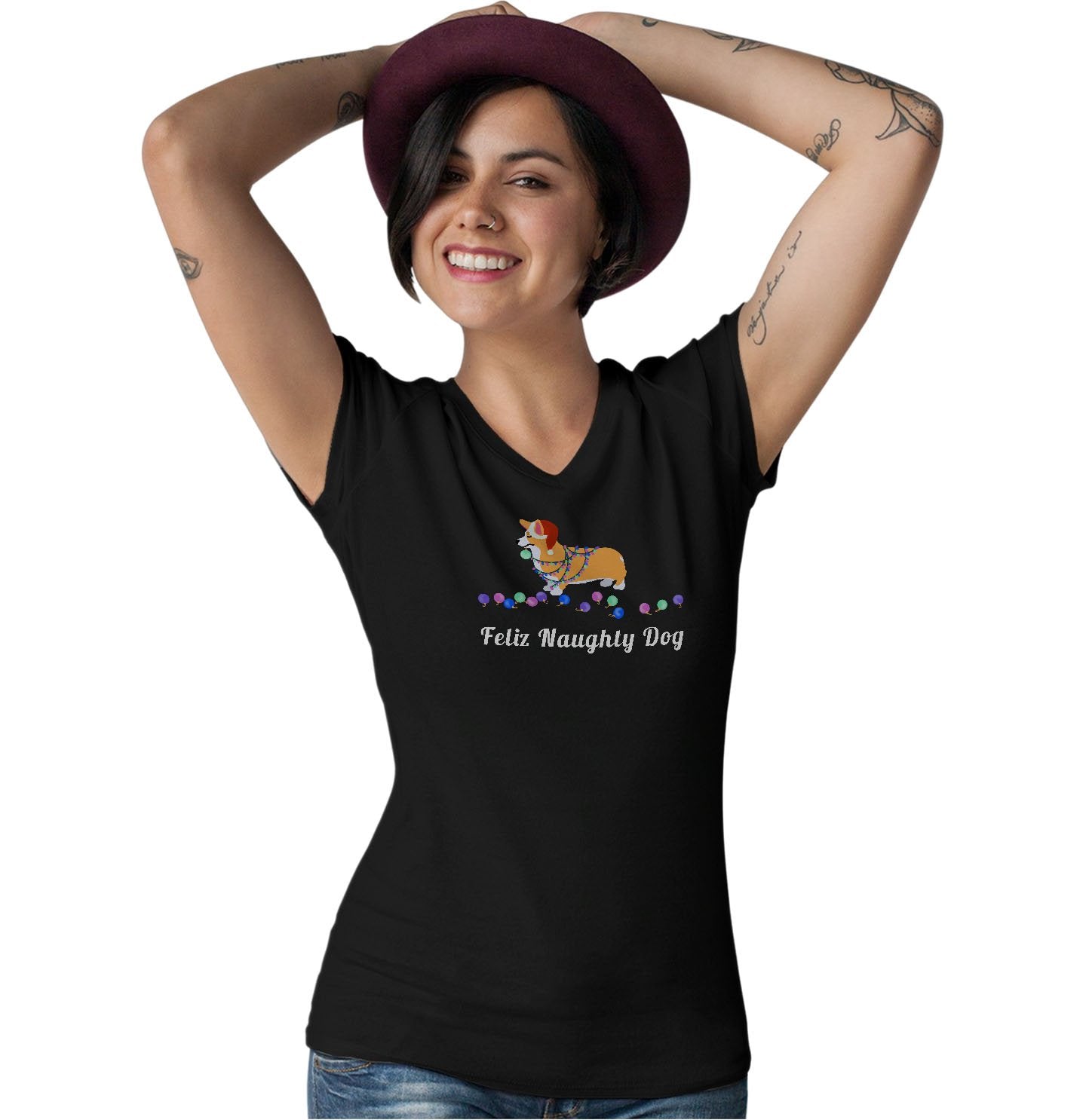 Feliz Naughty Dog Corgi - Women's V-Neck T-Shirt