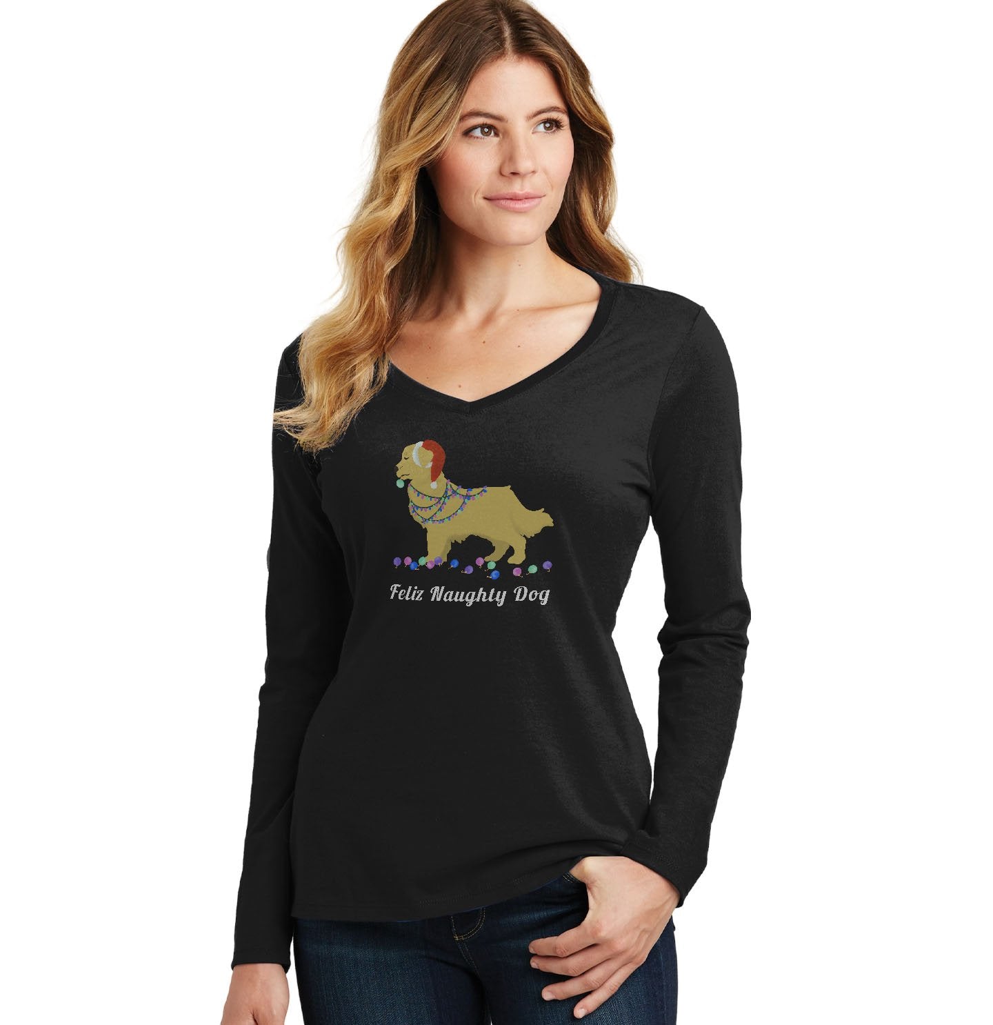 Feliz Naughty Dog Golden Retriever - Women's V-Neck Long Sleeve T-Shirt