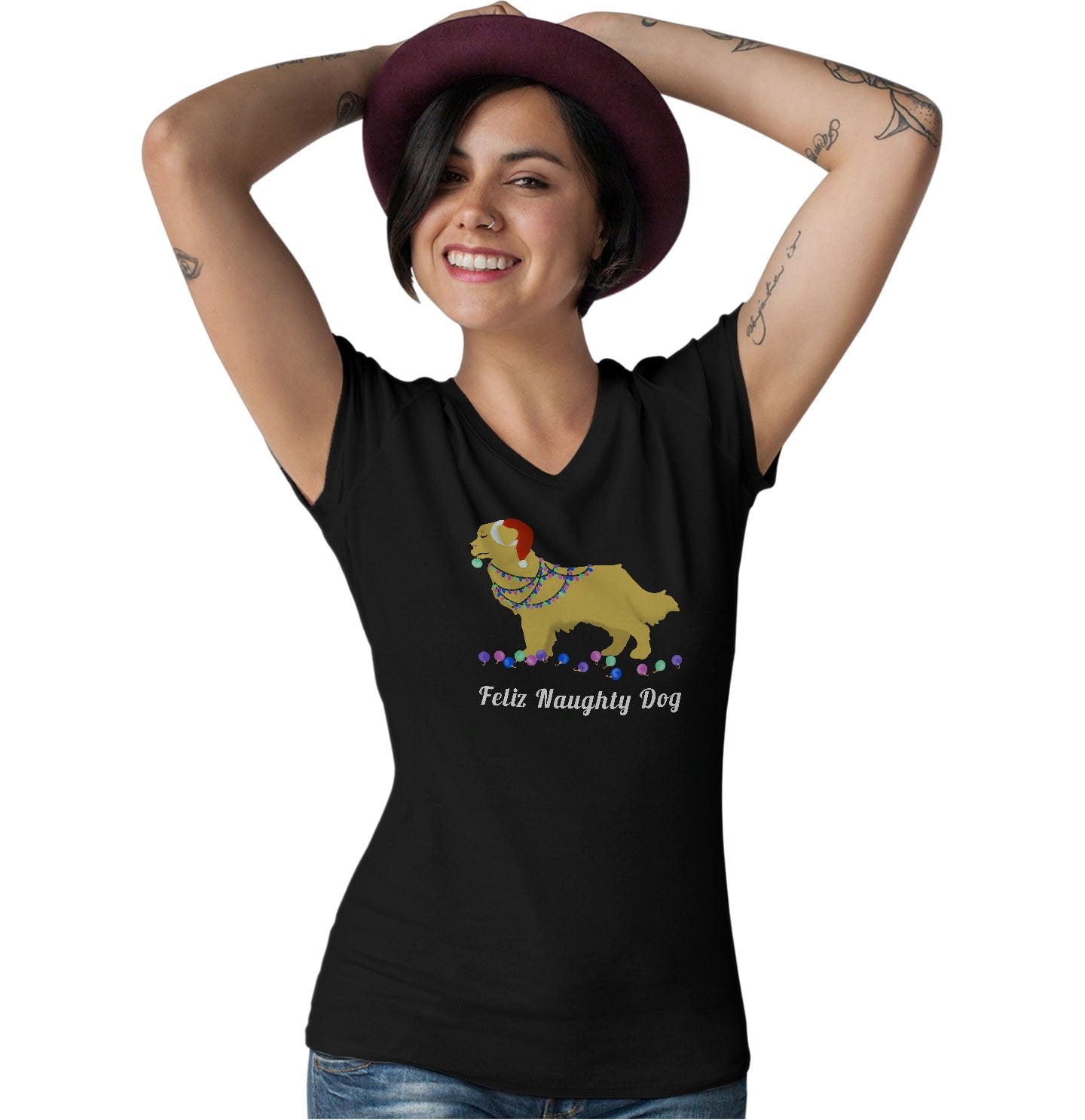 Feliz Naughty Dog Golden Retriever - Women's V-Neck T-Shirt