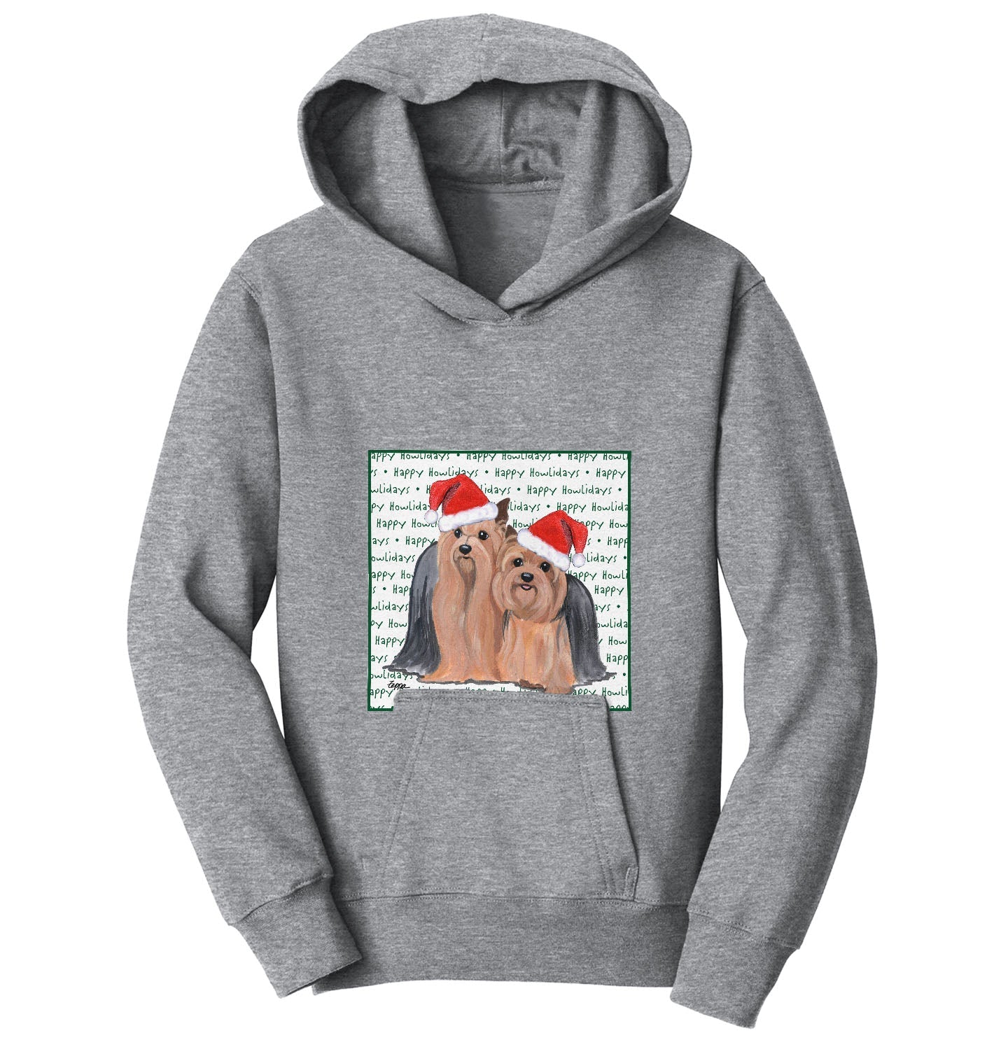 Yorkshire Terrier Pair Happy Howlidays Text - Kids' Unisex Hoodie Sweatshirt