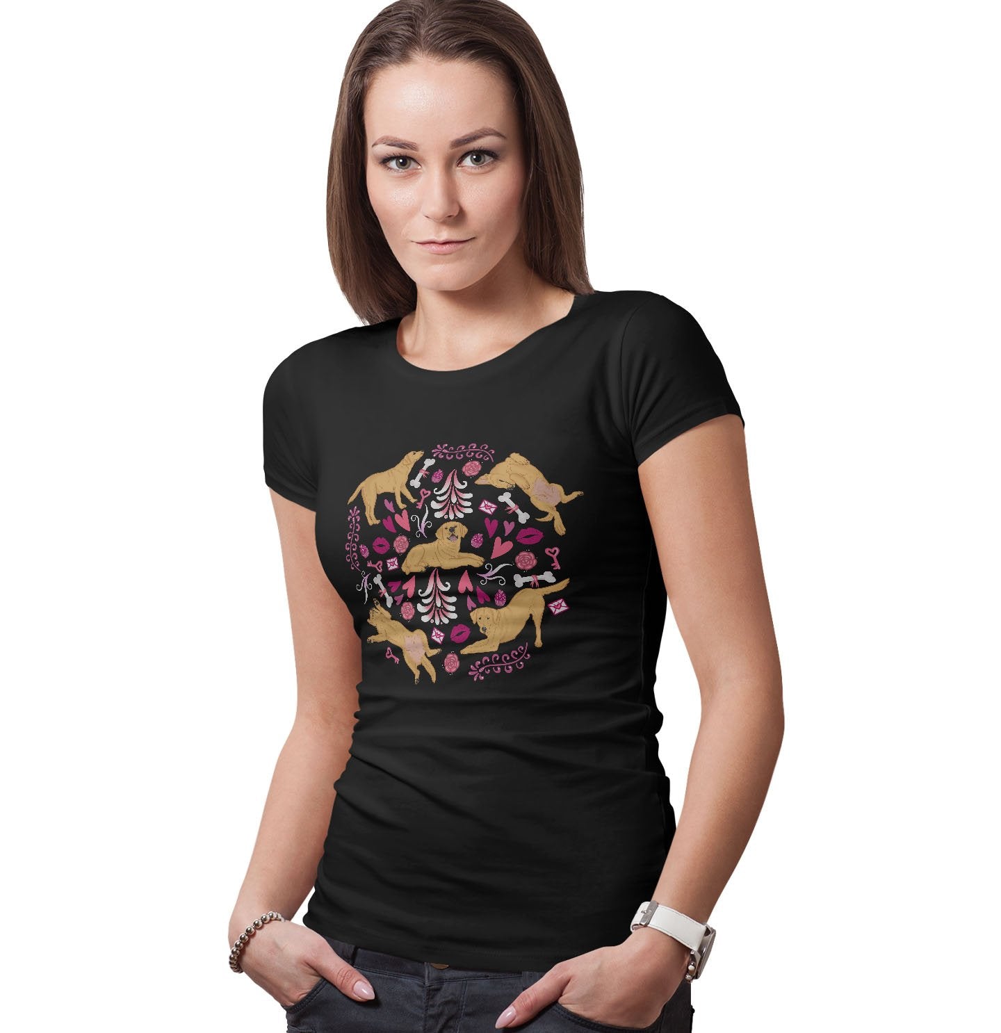 Yellow Labrador Pink Fleur Pattern - Women's Fitted T-Shirt