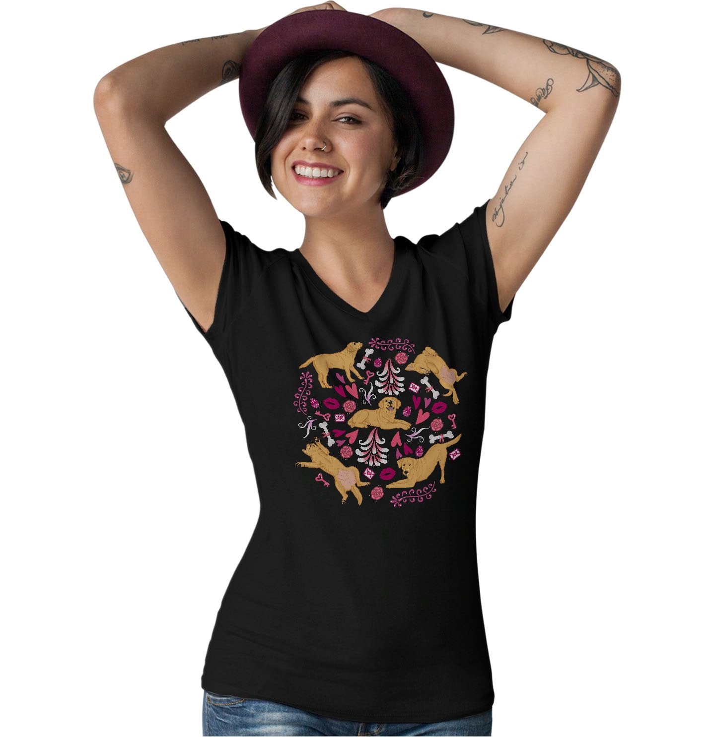 Yellow Labrador Pink Fleur Pattern  - Women's V-Neck T-Shirt