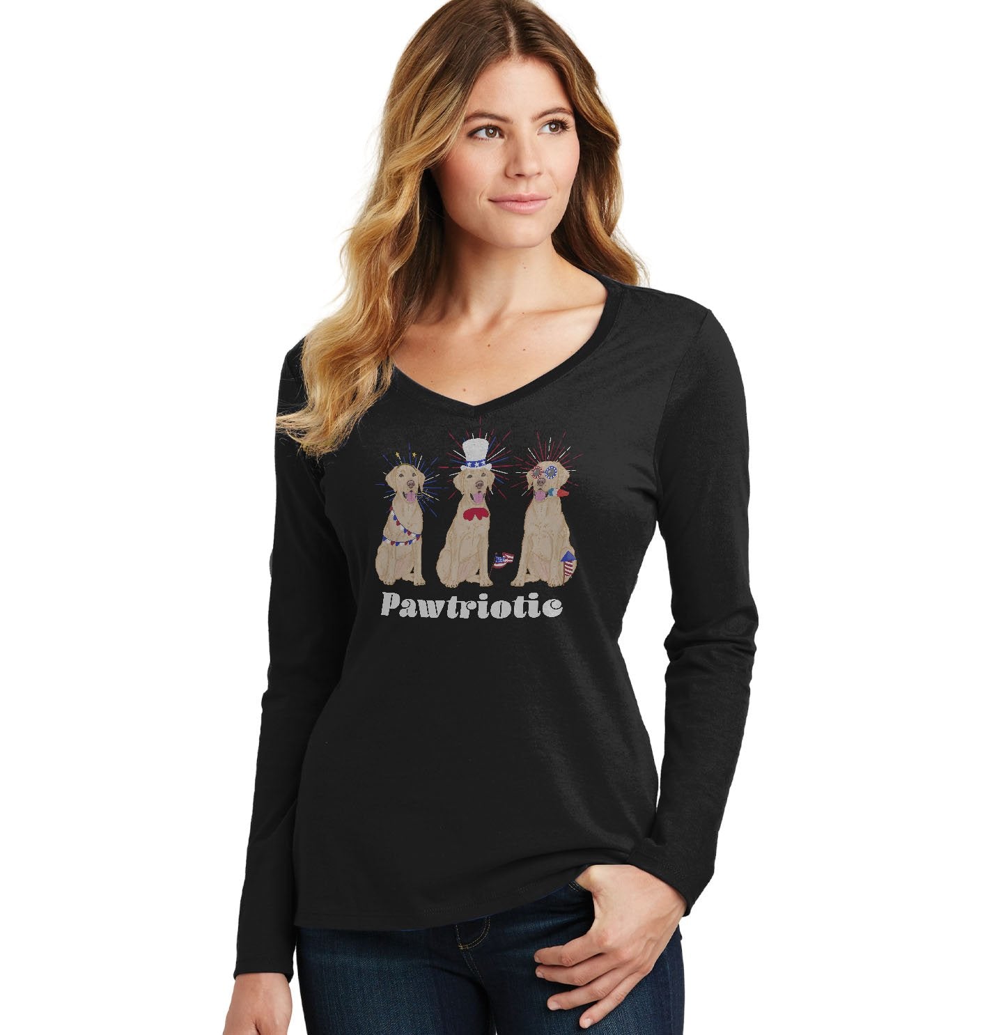 4th of July Patriotic Yellow Lab - Women's V-Neck Long Sleeve T-Shirt