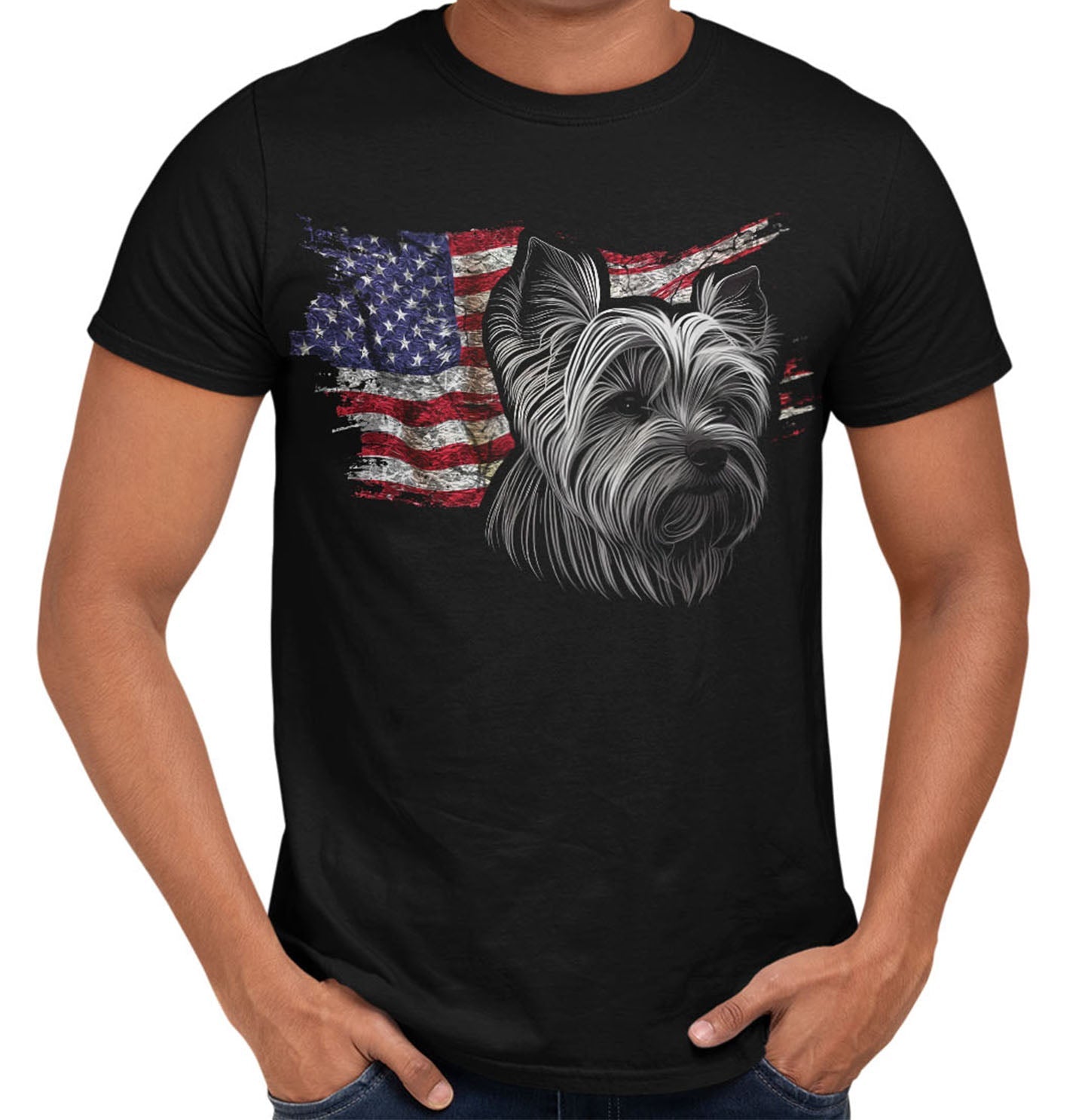 Patriotic Yorkshire Terrier American Flag - Adult Unisex T-Shirt