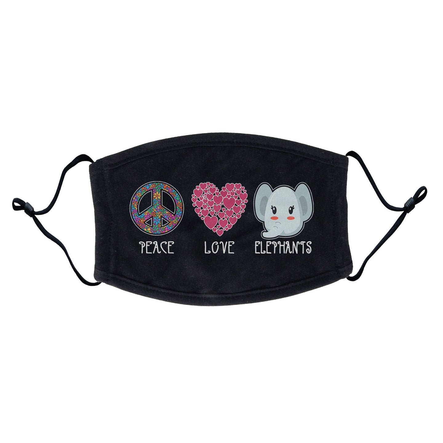 Peace Love Elephants | Adult Adjustable Face Mask | Supports Elephant Conservation!