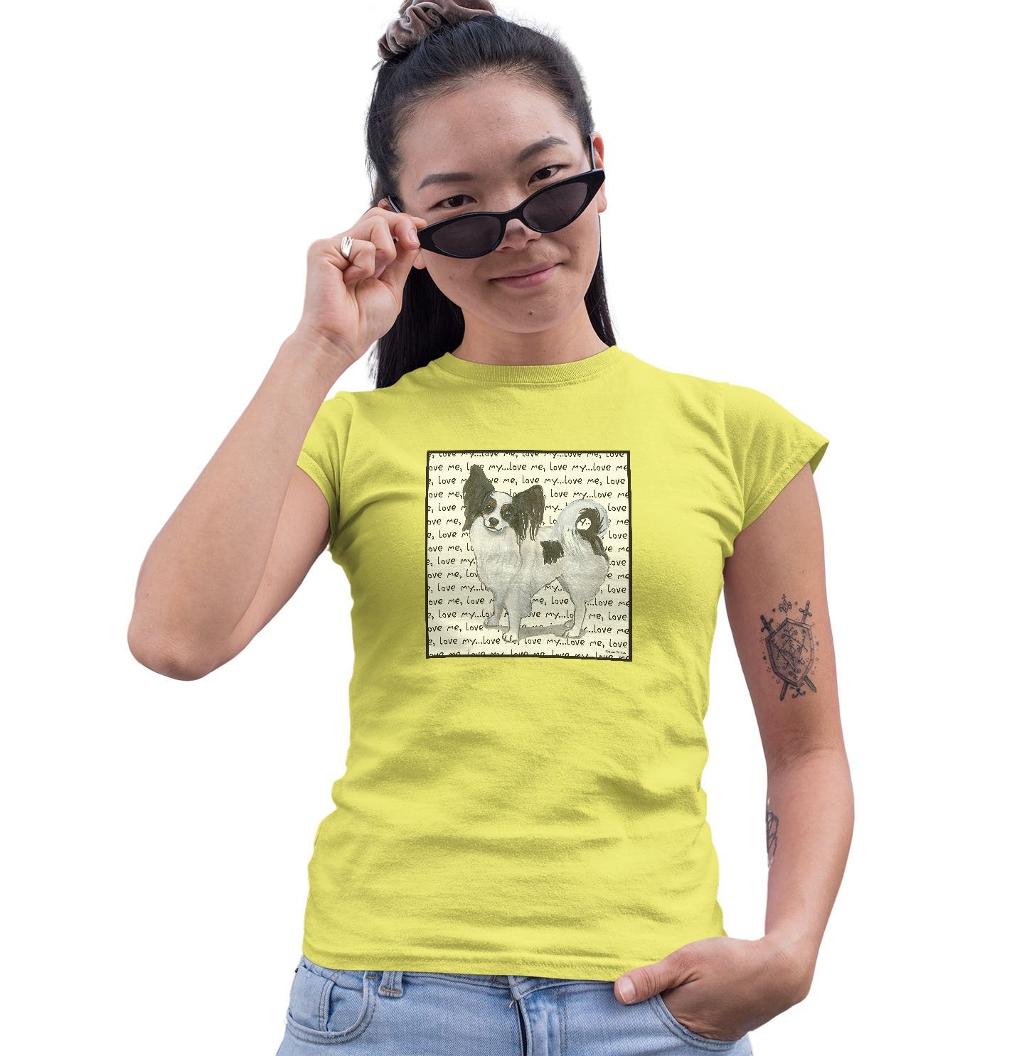 Tri-Color Papillon Love Text - Women's Fitted T-Shirt