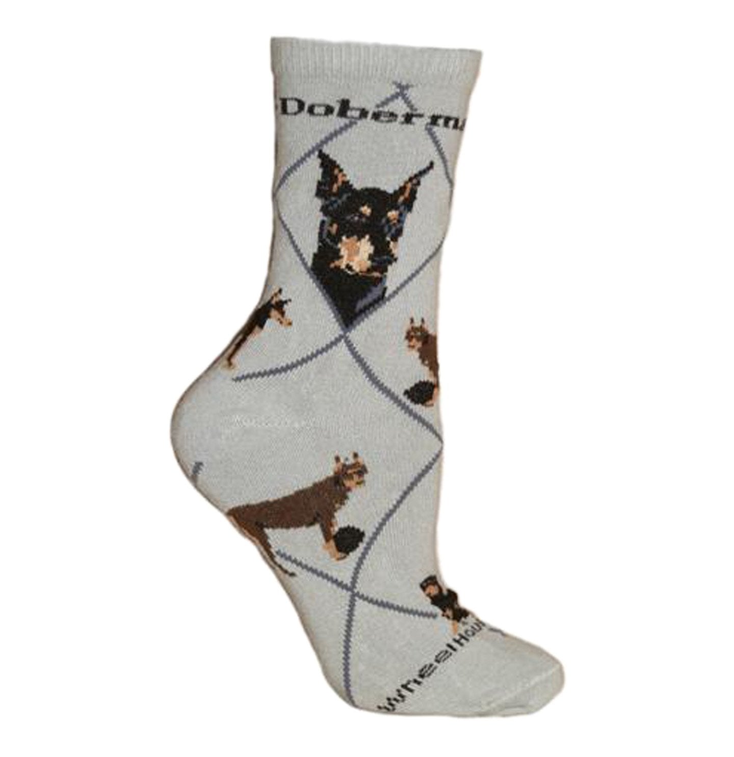 Doberman on Grey - Adult Cotton Crew Socks