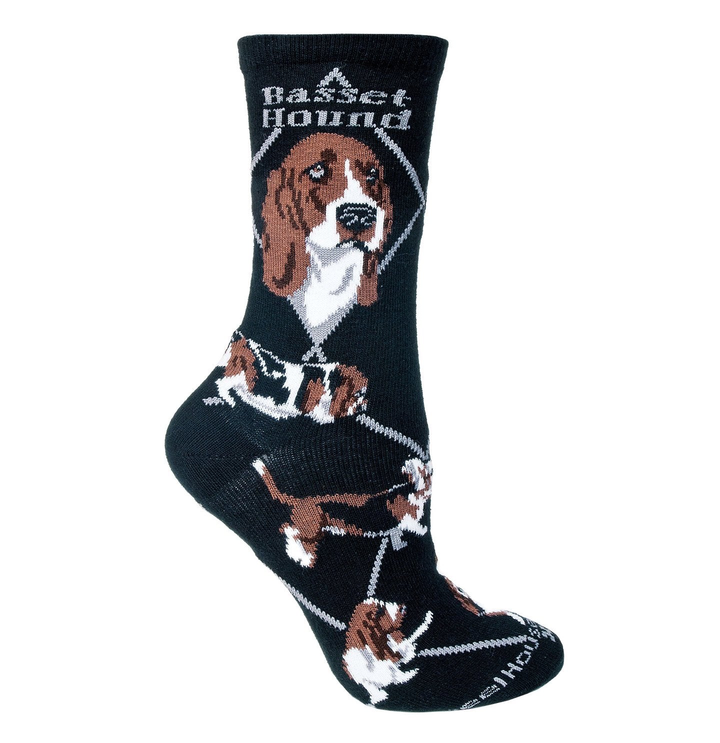 Animal Pride - Basset Hound on Black - Adult Cotton Crew Socks
