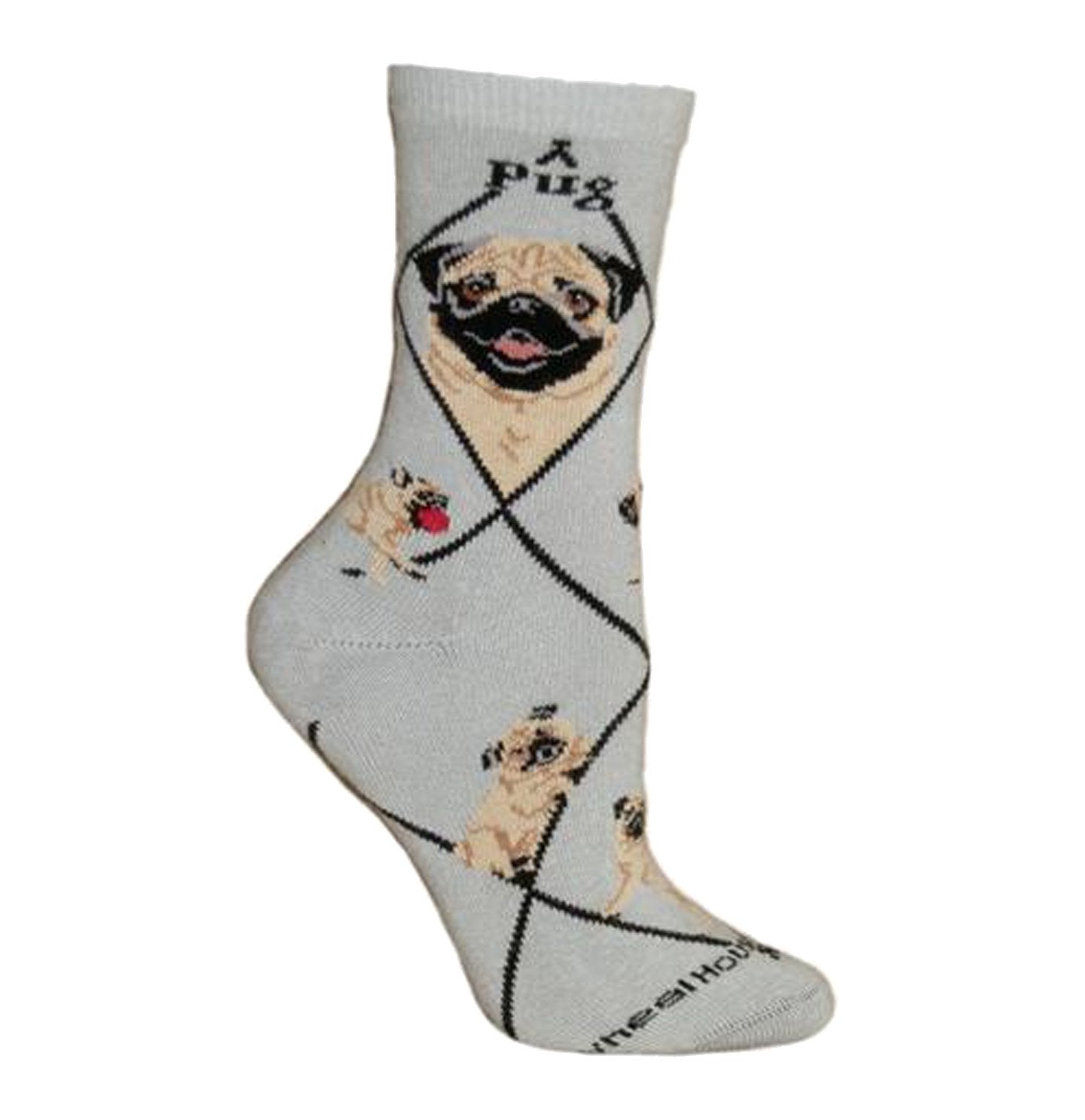 Animal Pride - Pug on Grey - Adult Cotton Crew Socks