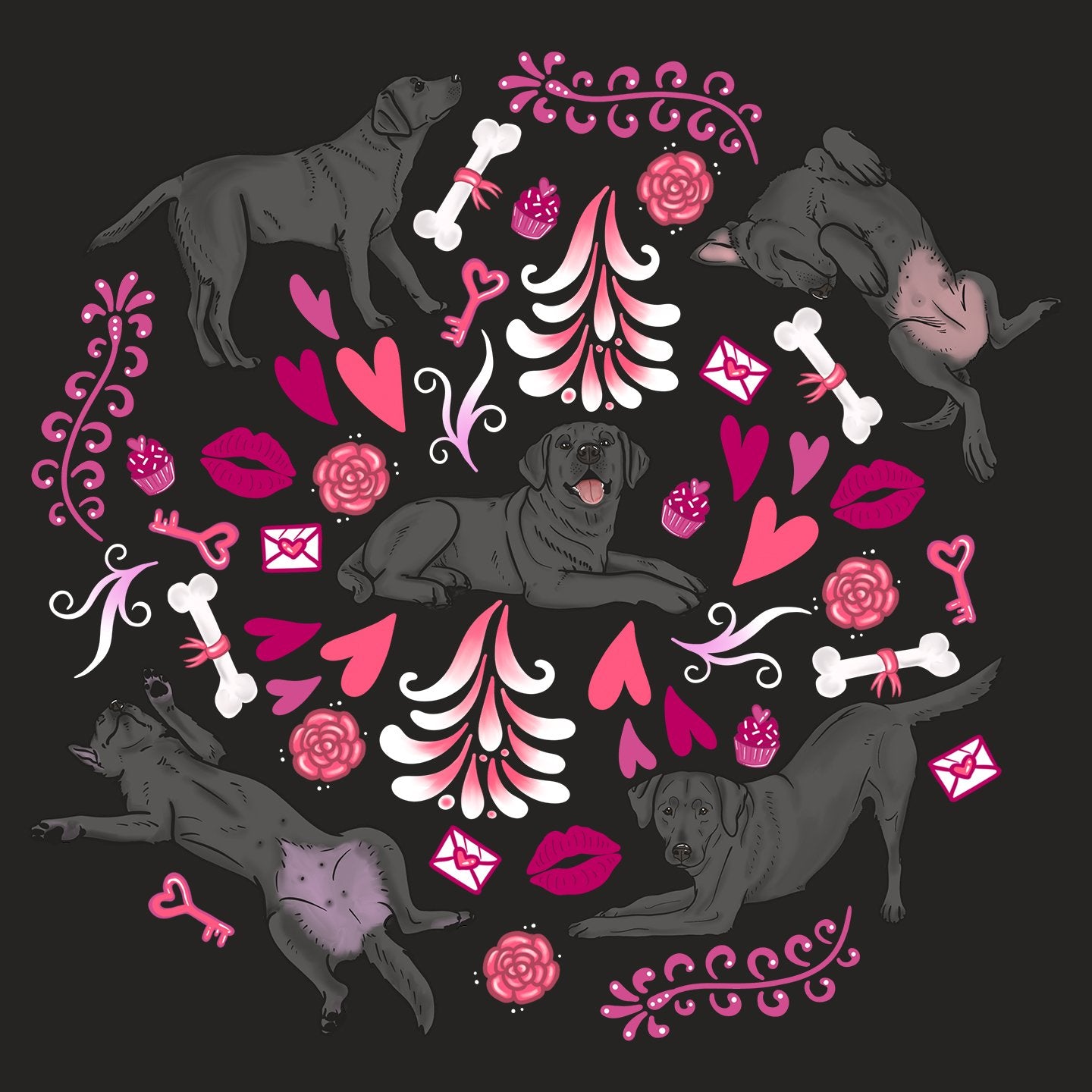 Black Labrador Pink Fleur Pattern - Women's V-Neck T-Shirt