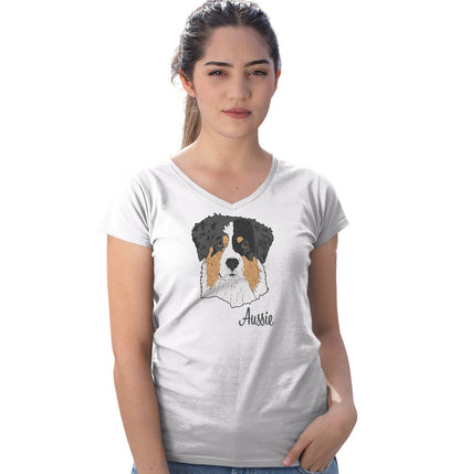 Tri-Color Aussie Headshot - Women's V-Neck T-Shirt