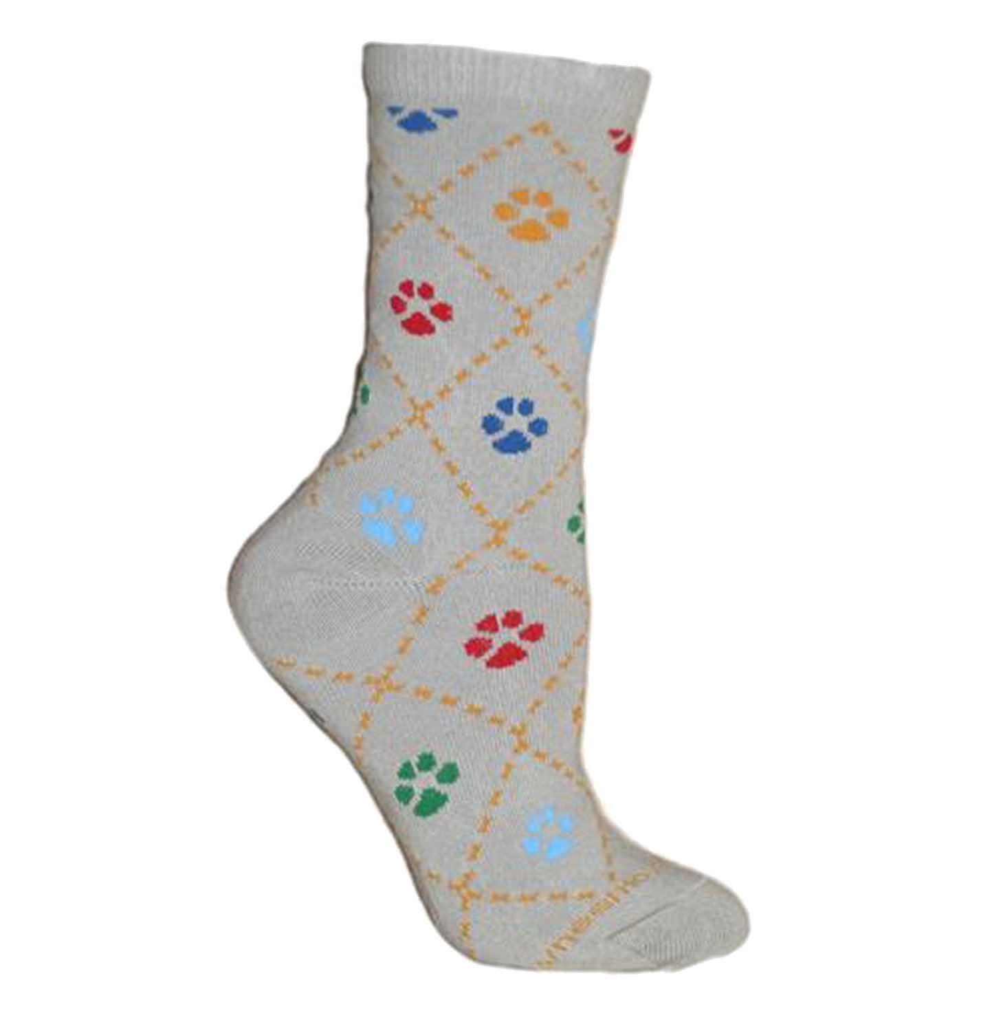 Colorful Dog Paws on Grey - Adult Cotton Crew Socks