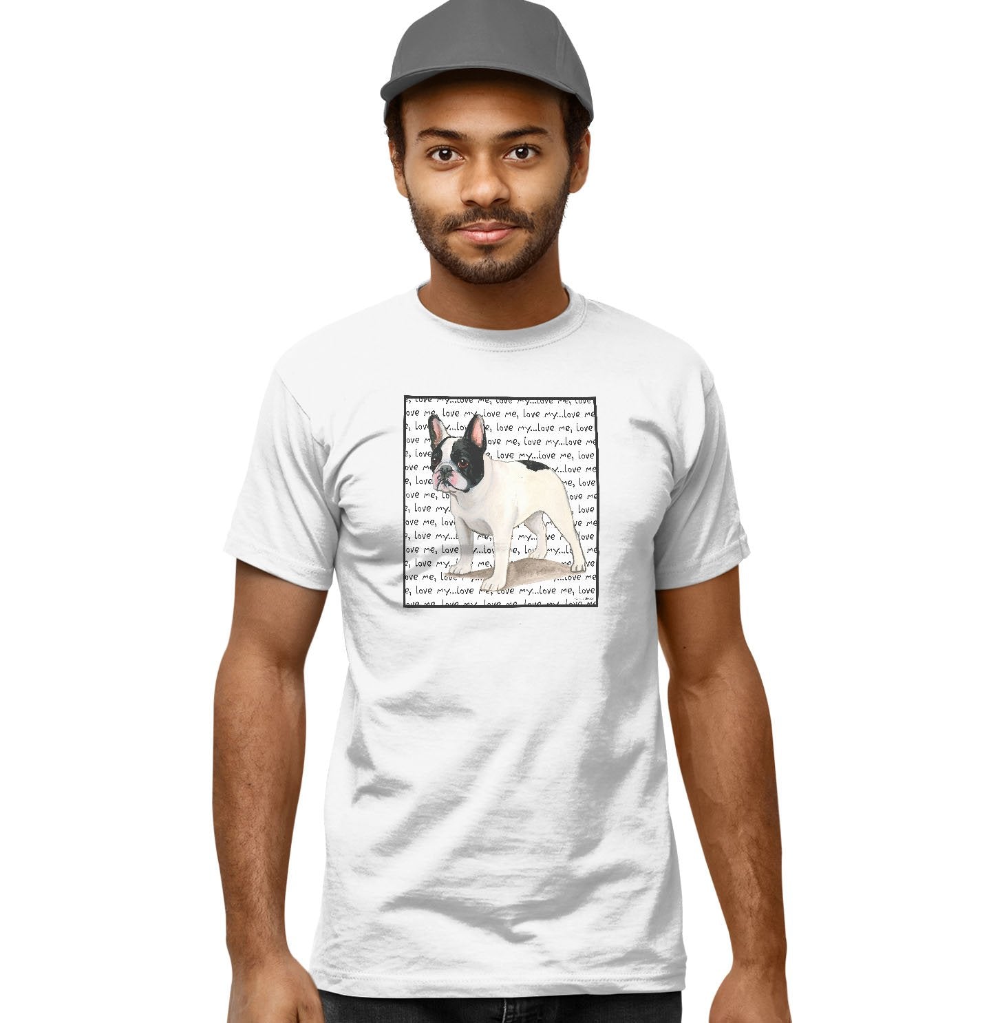 Black & White Frenchie Love Text - Adult Unisex T-Shirt