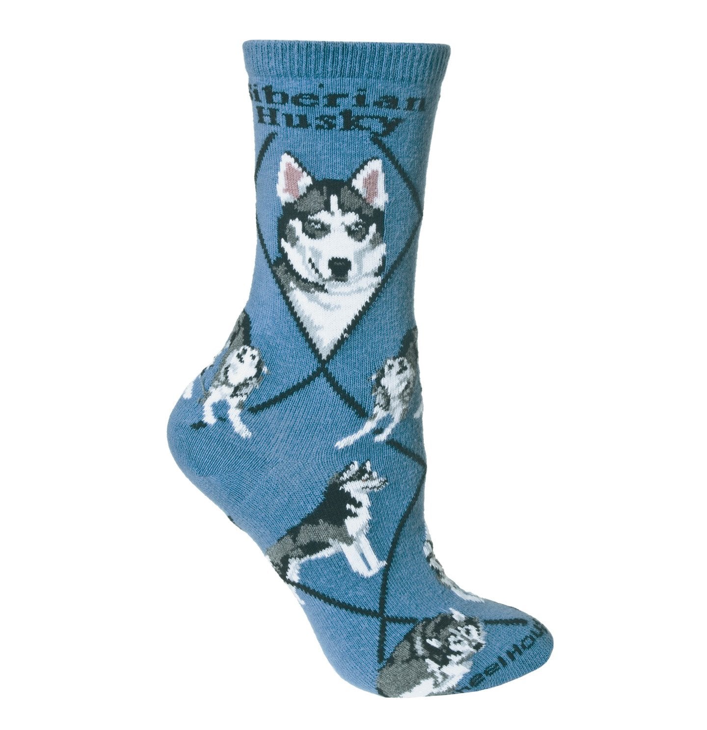 Animal Pride - Siberian Husky on Blue - Adult Cotton Crew Socks