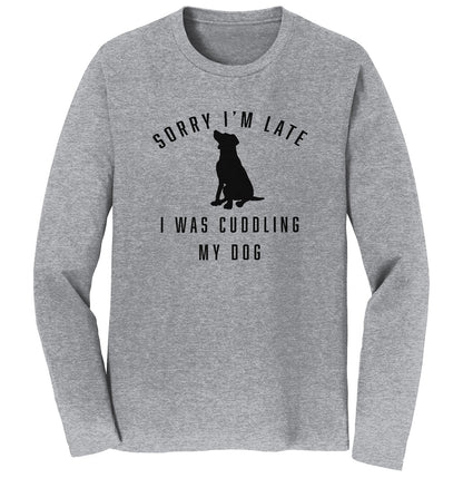 Animal Pride - Sorry I'm Late Dog Cuddling Labrador Silhouette - Adult Unisex Long Sleeve T-Shirt