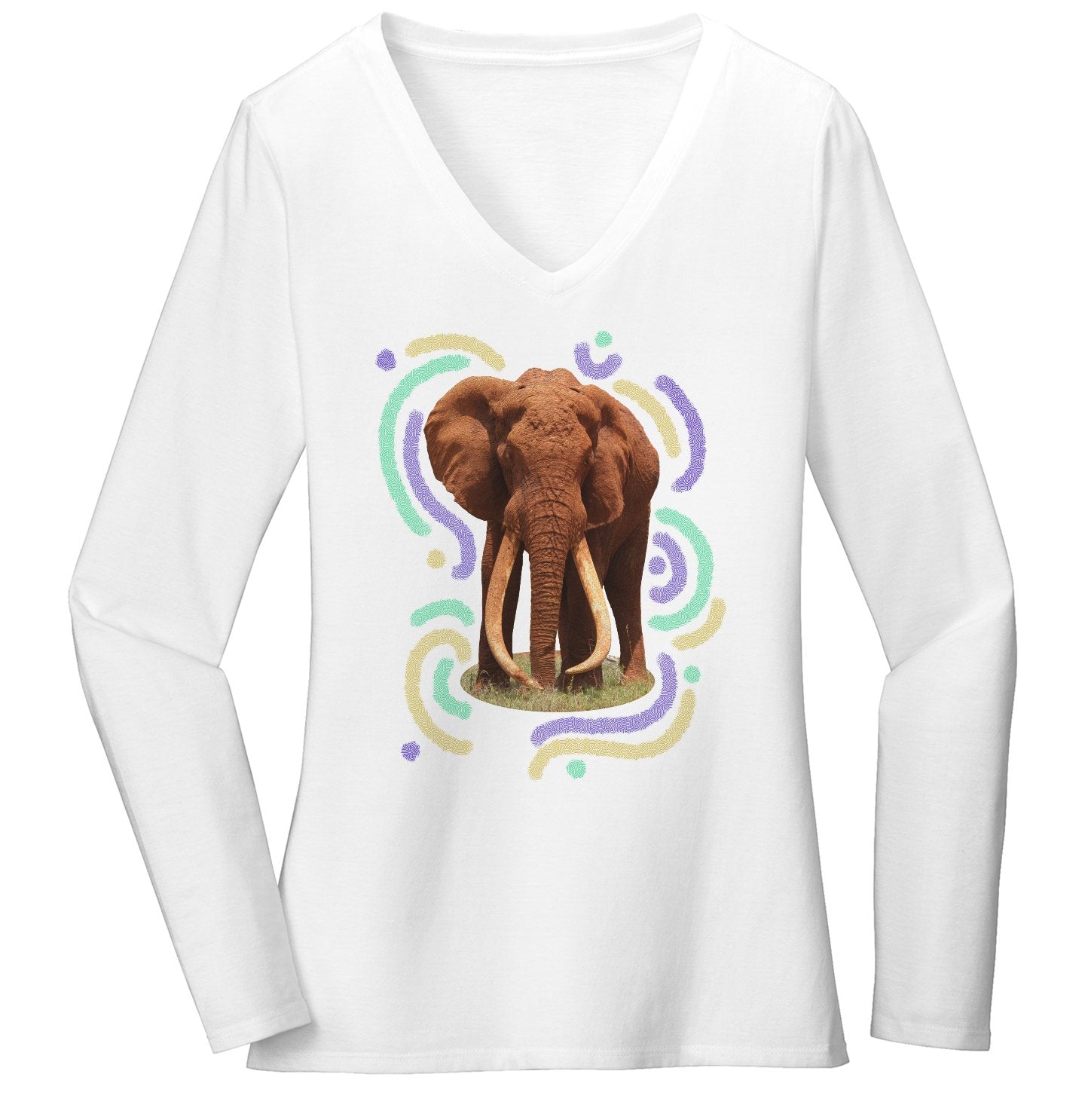 Wiggly Lines Elephant - Women's V-Neck Long Sleeve T-Shirt