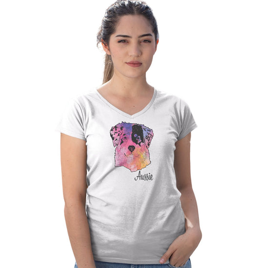 Animal Pride - Colorful Australian Shepherd Headshot - Women's V-Neck T-Shirt