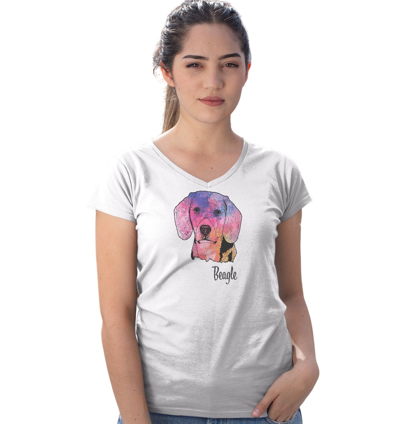 Animal Pride - Colorful Beagle Headshot - Women's V-Neck T-Shirt