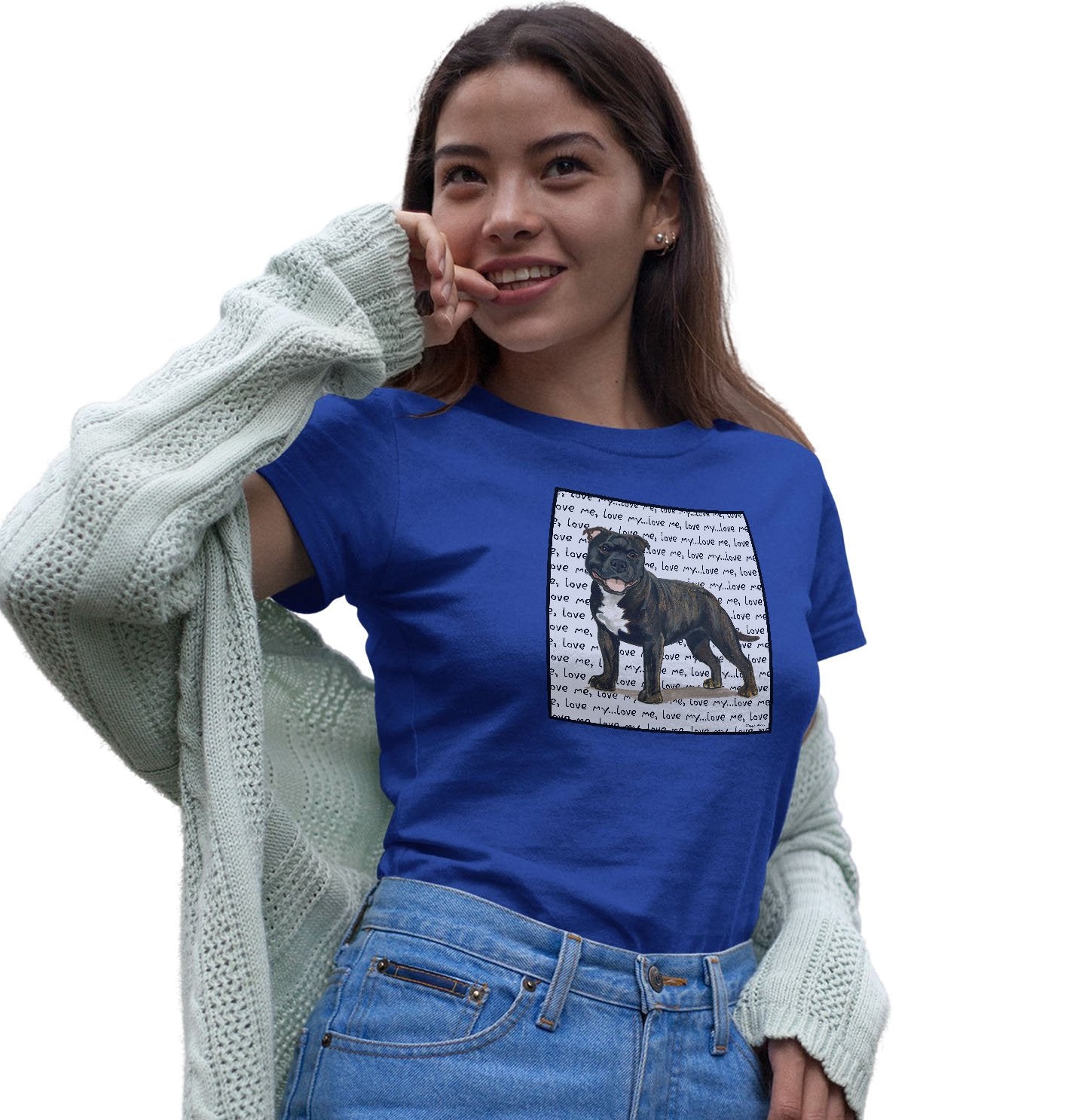 Brindle English Staffy Love Text - Women's Fitted T-Shirt