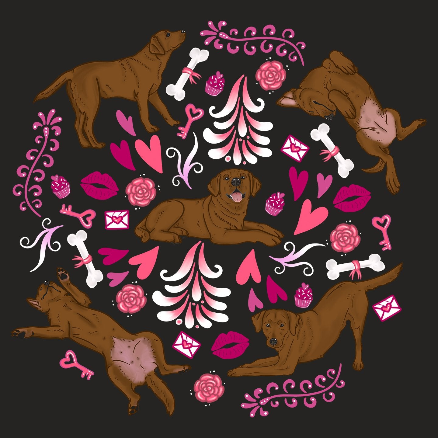 Chocolate Labrador Pink Fleur Pattern - Women's V-Neck T-Shirt