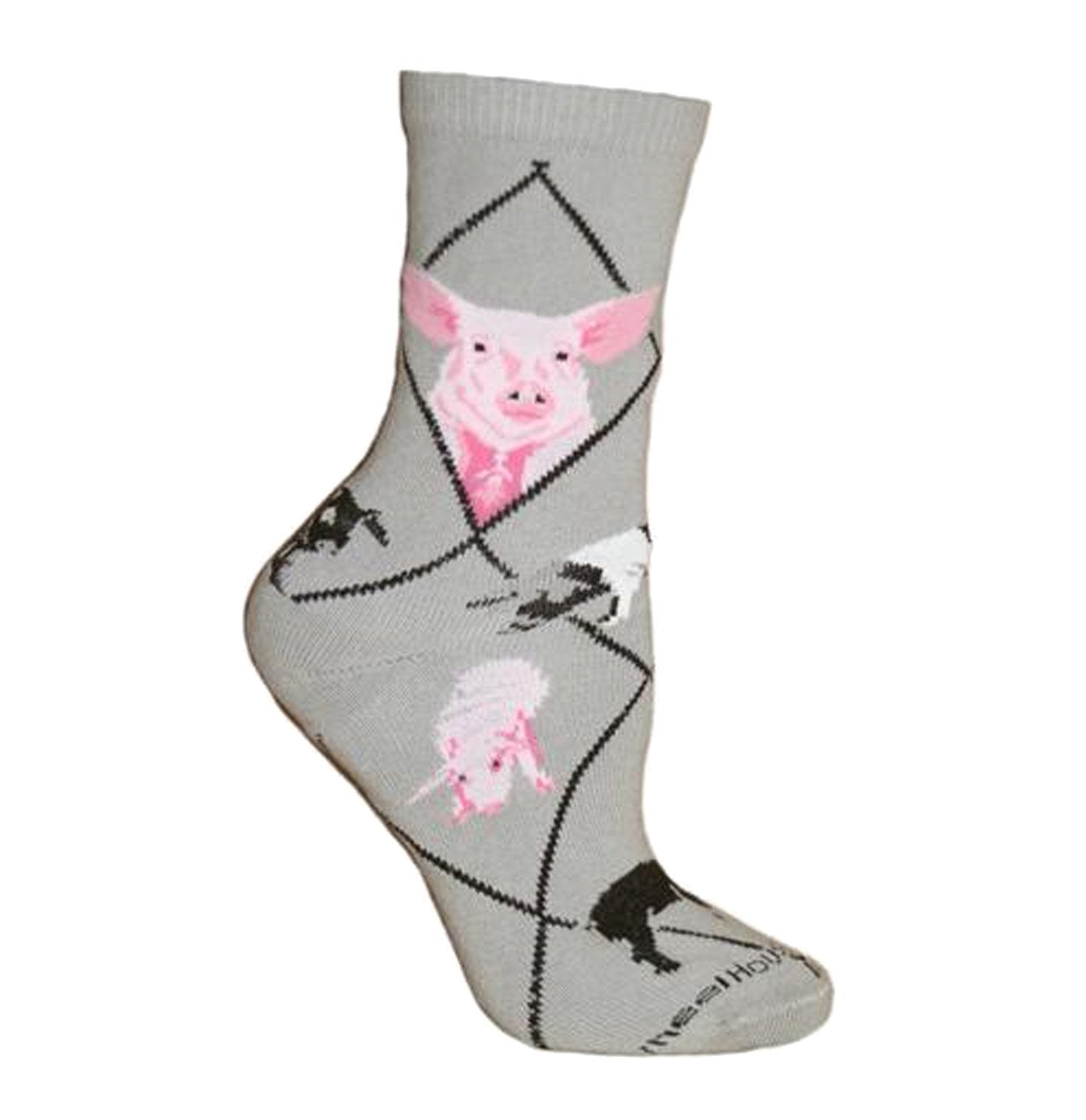 Animal Pride - Pigs on Grey - Adult Cotton Crew Socks