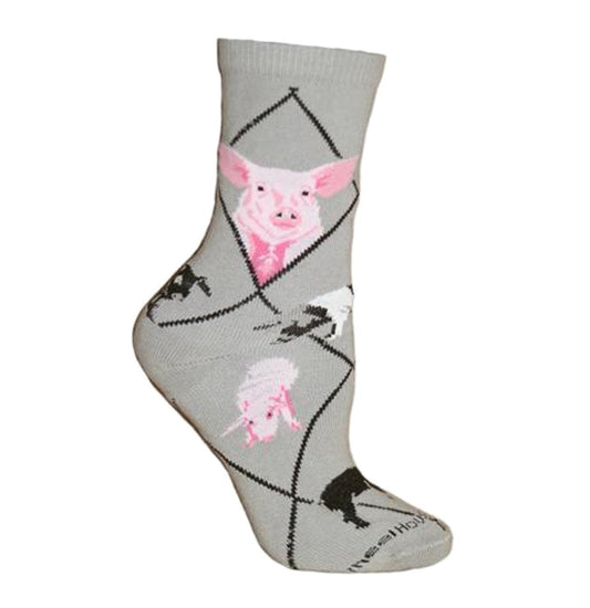 Animal Pride - Pigs on Grey - Adult Cotton Crew Socks