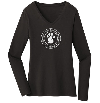 Golden Retriever Rescue of Michigan Logo - Full Front White - Ladies' V-Neck Long Sleeve T-Shirt