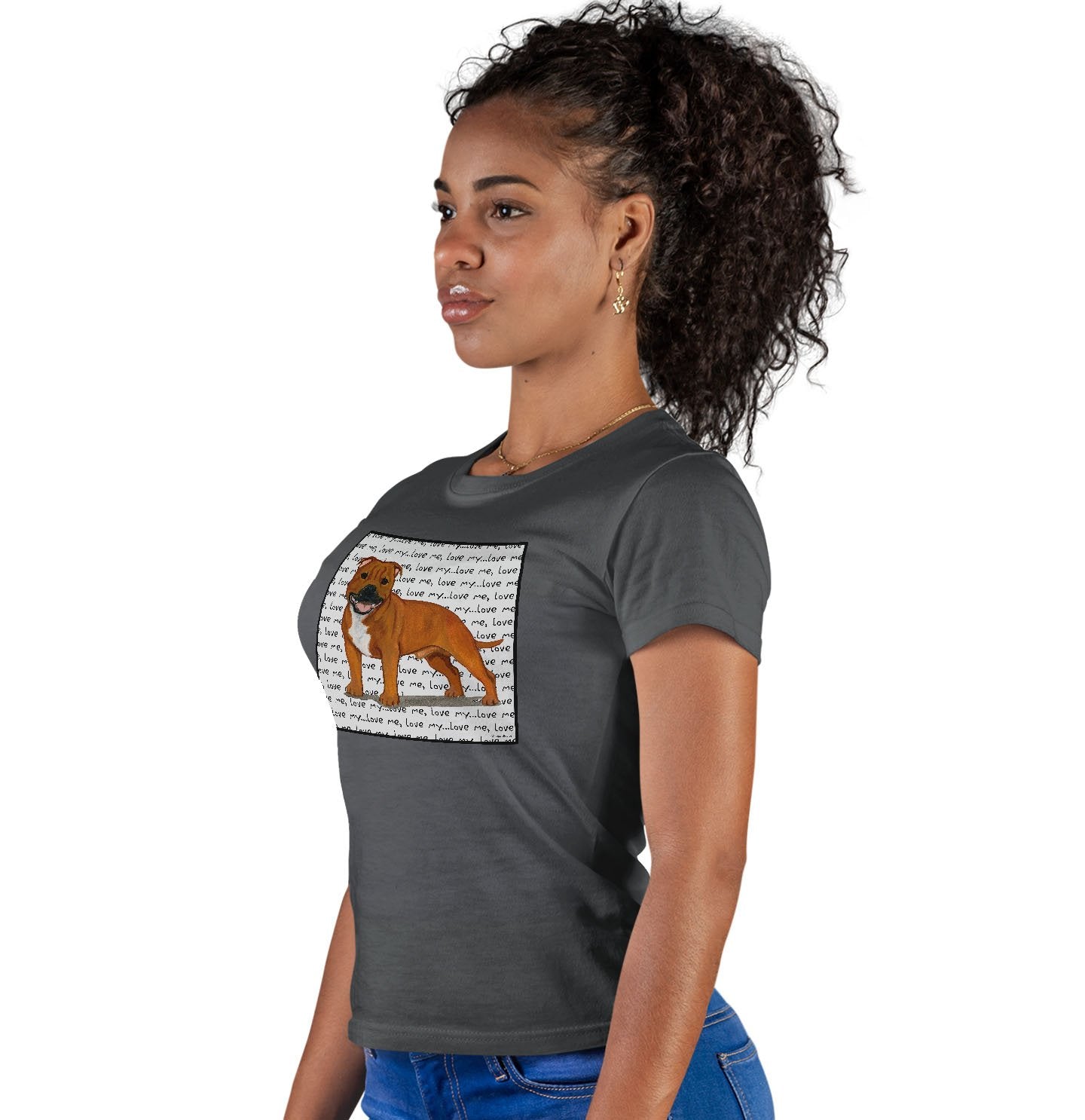 Red English Staffy Love Text - Women's Fitted T-Shirt