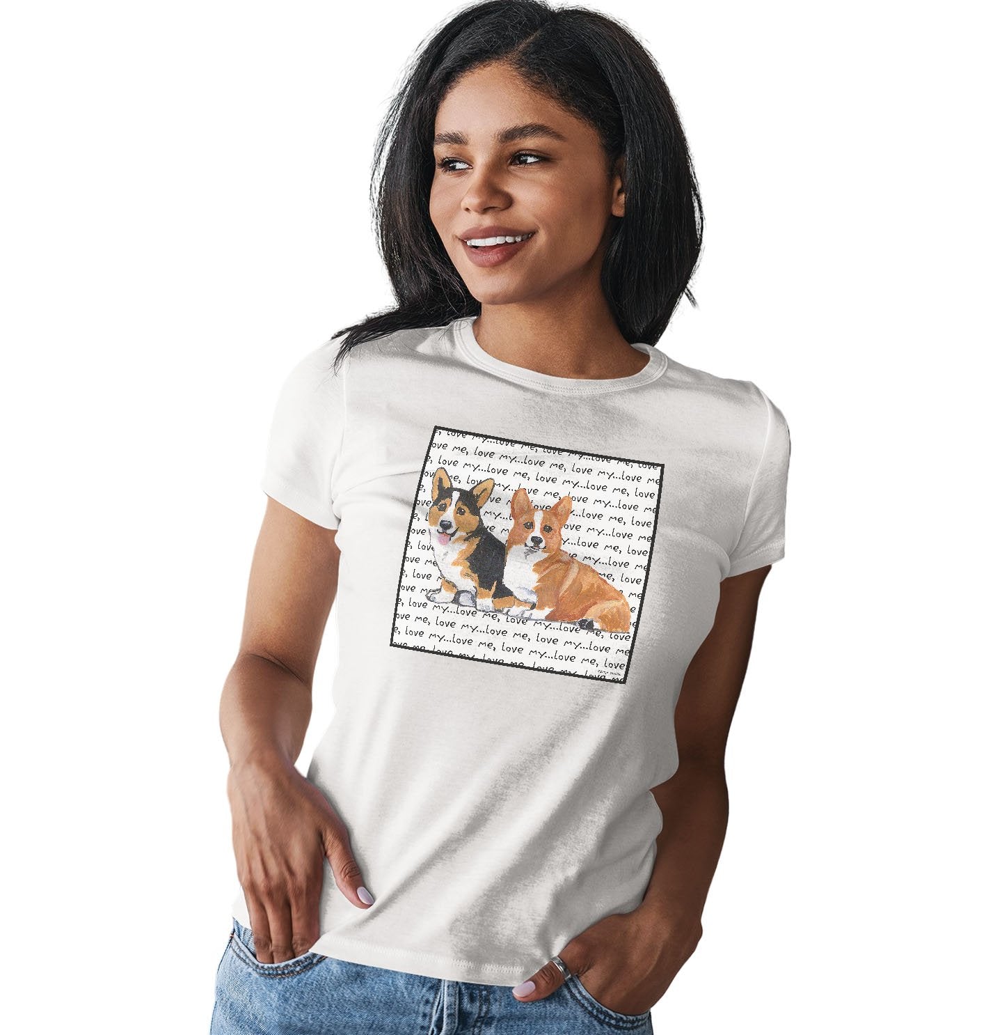 Two Corgi Love Text - Women's Fitted T-Shirt