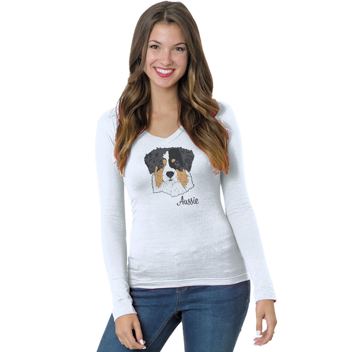 Animal Pride - Tri-Color Aussie Headshot - Women's V-Neck Long Sleeve T-Shirt