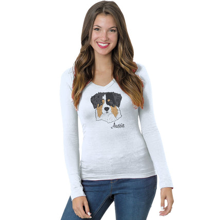 Animal Pride - Tri-Color Aussie Headshot - Women's V-Neck Long Sleeve T-Shirt